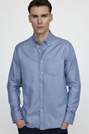 Tudors Klasik Fit Uzun Kol Düz Yaka Düğmeli Cepli Erkek Mavi Gömlek