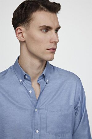 Tudors Klasik Fit Uzun Kol Düz Yaka Düğmeli Cepli Erkek Mavi Gömlek