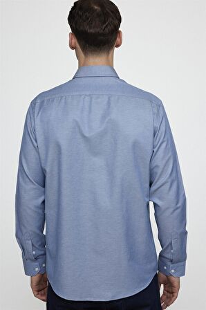 Tudors Klasik Fit Uzun Kol Düz Yaka Düğmeli Cepli Erkek Mavi Gömlek