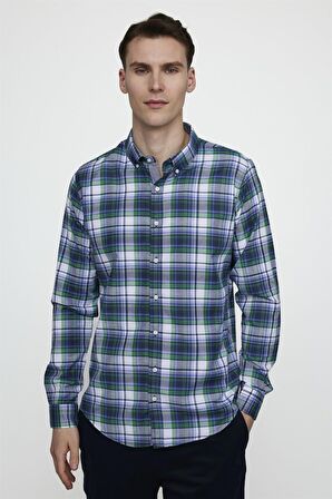 Tudors Slim Fit Uzun Kol Düğmeli Yaka Pamuklu Ekose Spor Erkek Çok Renkli Gömlek