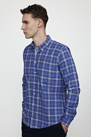 Tudors Slim Fit Uzun Kol Düğmeli Yaka Pamuklu Ekose Spor Erkek Sax Mavi Gömlek