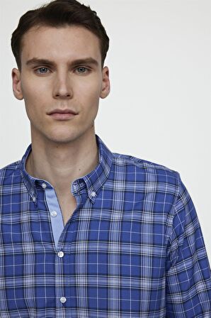 Tudors Slim Fit Uzun Kol Düğmeli Yaka Pamuklu Ekose Spor Erkek Sax Mavi Gömlek