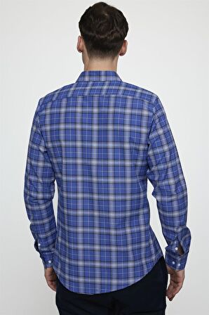 Tudors Slim Fit Uzun Kol Düğmeli Yaka Pamuklu Ekose Spor Erkek Sax Mavi Gömlek