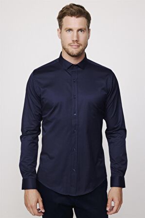Slim Fit Likralı Düz Pamuk Saten Lacivert Erkek Gömlek