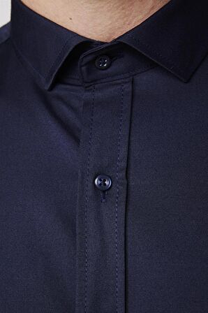 Slim Fit Likralı Düz Pamuk Saten Lacivert Erkek Gömlek