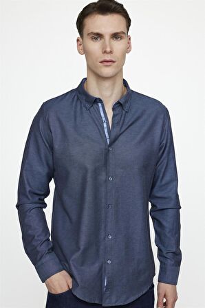 Tudors Slim Fit Pamuklu Kolay Ütü Düz Erkek Lacivert Gömlek