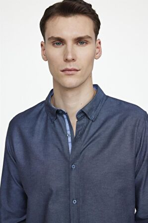 Tudors Slim Fit Pamuklu Kolay Ütü Düz Erkek Lacivert Gömlek