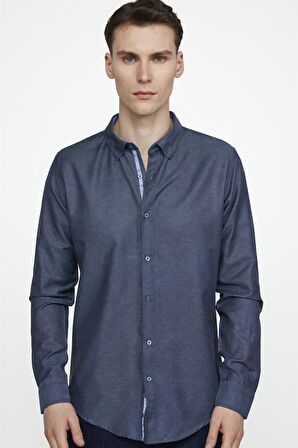 Tudors Slim Fit Pamuklu Kolay Ütü Düz Erkek Lacivert Gömlek