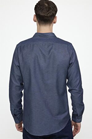 Tudors Slim Fit Pamuklu Kolay Ütü Düz Erkek Lacivert Gömlek