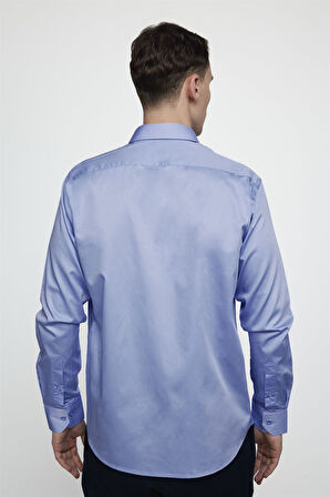 Erkek Regular Fit Klasik Kesim %100 Pamuk Saten Tek Cepli Mavi Gömlek