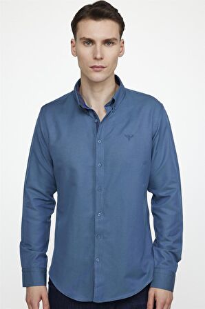 Tudors Slim Fit Pamuklu Kolay Ütü Düz Erkek Petrol Gömlek