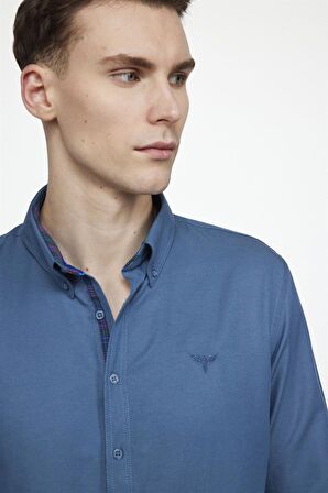 Tudors Slim Fit Pamuklu Kolay Ütü Düz Erkek Petrol Gömlek