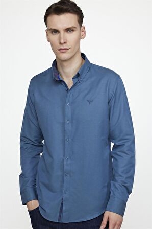 Tudors Slim Fit Pamuklu Kolay Ütü Düz Erkek Petrol Gömlek