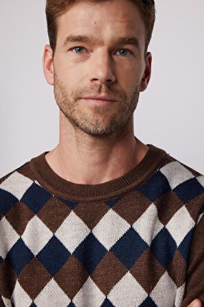 Slim Fit Bisiklet Yaka Önü Desenli Erkek Kazak