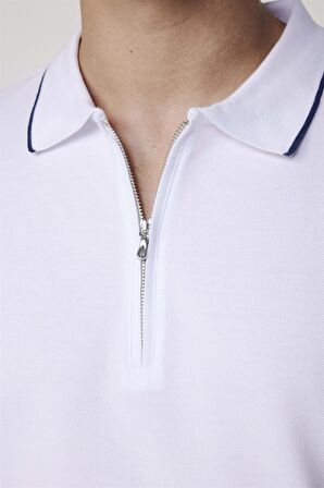 Erkek Polo Yaka Slim Fit Pamuk Fermuarlı Pike Beyaz Tişört