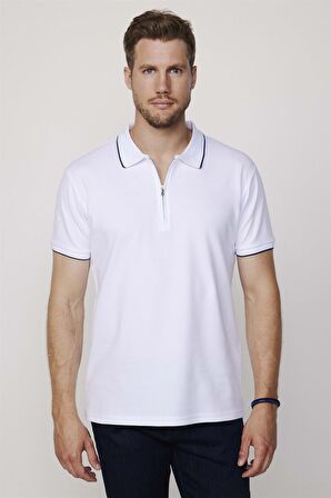 Erkek Polo Yaka Slim Fit Pamuk Fermuarlı Pike Beyaz Tişört