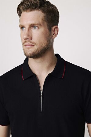 Erkek Polo Yaka Slim Fit Pamuk Fermuarlı Pike Siyah Tişört