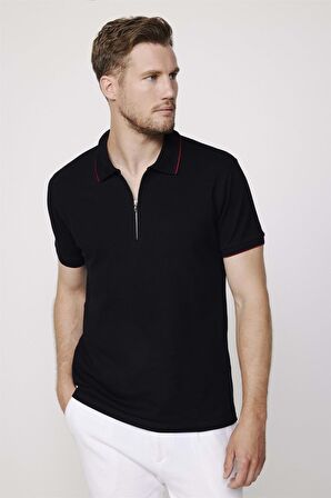 Erkek Polo Yaka Slim Fit Pamuk Fermuarlı Pike Siyah Tişört