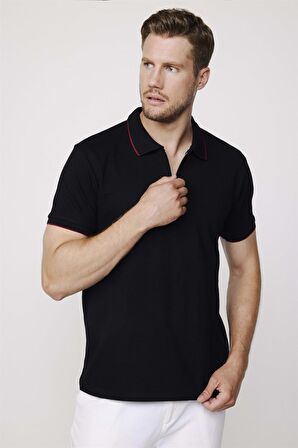 Erkek Polo Yaka Slim Fit Pamuk Fermuarlı Pike Siyah Tişört