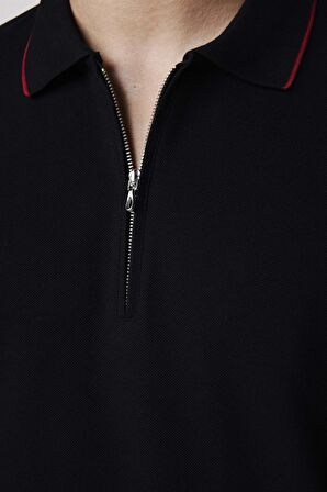 Erkek Polo Yaka Slim Fit Pamuk Fermuarlı Pike Siyah Tişört