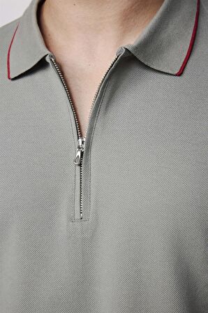 Erkek Polo Yaka Slim Fit Pamuk Fermuarlı Pike Gri Tişört