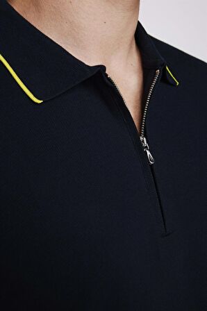 Erkek Polo Yaka Slim Fit Pamuk Fermuarlı Pike Lacivert Tişört