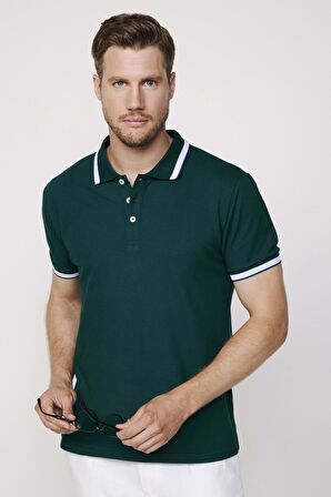 Erkek Polo Yaka Slim Fit Yaka Ve Kol Şeritli Yeşil Pike Tişört