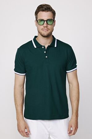 Erkek Polo Yaka Slim Fit Yaka Ve Kol Şeritli Yeşil Pike Tişört