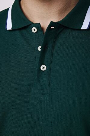 Erkek Polo Yaka Slim Fit Yaka Ve Kol Şeritli Yeşil Pike Tişört