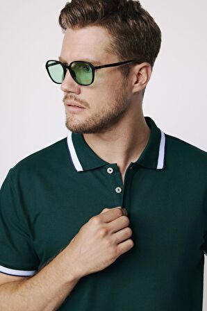 Erkek Polo Yaka Slim Fit Yaka Ve Kol Şeritli Yeşil Pike Tişört