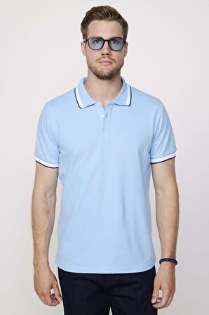 Erkek Polo Yaka Slim Fit Yaka Ve Kol Şeritli Pike Mavi Tişört