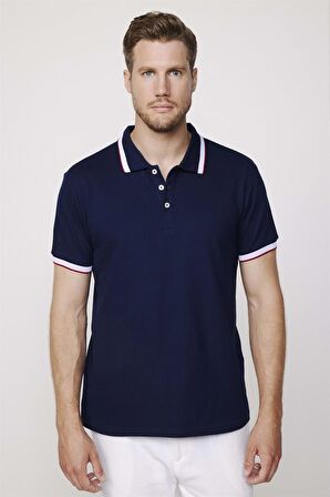 Erkek Polo Yaka Slim Fit Yaka Ve Kol Şeritli Pike Lacivert Tişört