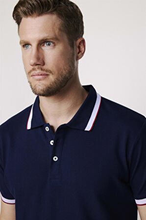 Erkek Polo Yaka Slim Fit Yaka Ve Kol Şeritli Pike Lacivert Tişört
