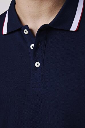 Erkek Polo Yaka Slim Fit Yaka Ve Kol Şeritli Pike Lacivert Tişört