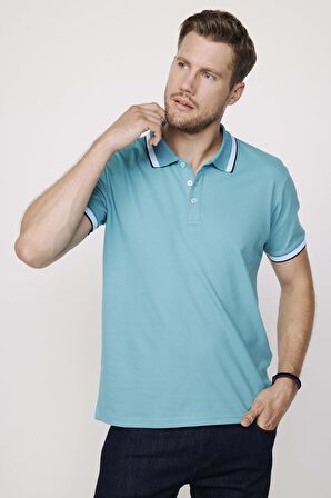 Erkek Polo Yaka Slim Fit Yaka Ve Kol Şeritli Pike Turkuaz Tişört