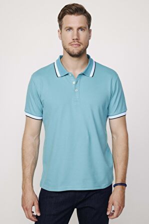Erkek Polo Yaka Slim Fit Yaka Ve Kol Şeritli Pike Turkuaz Tişört