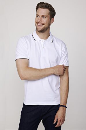Erkek Polo Yaka Slim Fit Yaka ve Kol Şeritli Pike Beyaz Tişört