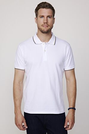 Erkek Polo Yaka Slim Fit Yaka ve Kol Şeritli Pike Beyaz Tişört