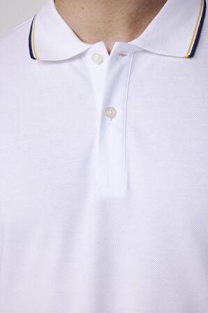 Erkek Polo Yaka Slim Fit Yaka ve Kol Şeritli Pike Beyaz Tişört