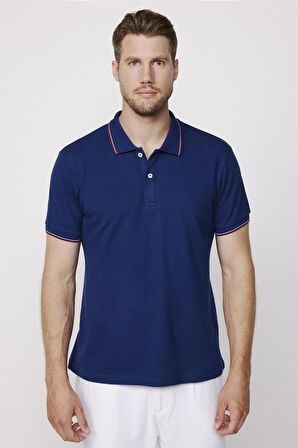 Erkek Polo Yaka Slim Fit Yaka ve Kol Şeritli Pike Lacivert Tişört