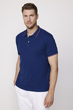 Erkek Polo Yaka Slim Fit Yaka ve Kol Şeritli Pike Lacivert Tişört
