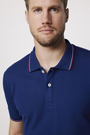 Erkek Polo Yaka Slim Fit Yaka ve Kol Şeritli Pike Lacivert Tişört