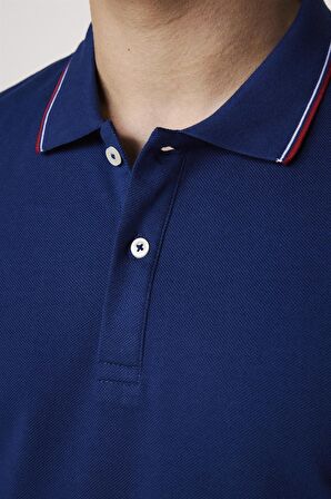 Erkek Polo Yaka Slim Fit Yaka ve Kol Şeritli Pike Lacivert Tişört