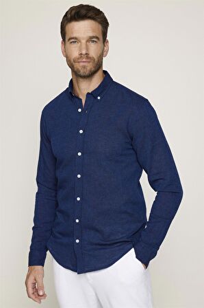 Slim Fit Uzun Kol Keten Premium Seri Düğmeli Yaka Spor Lacivert Gömlek