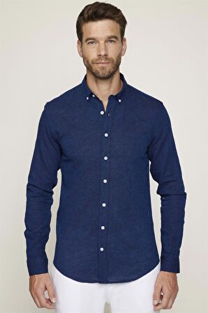 Slim Fit Uzun Kol Keten Premium Seri Düğmeli Yaka Spor Lacivert Gömlek