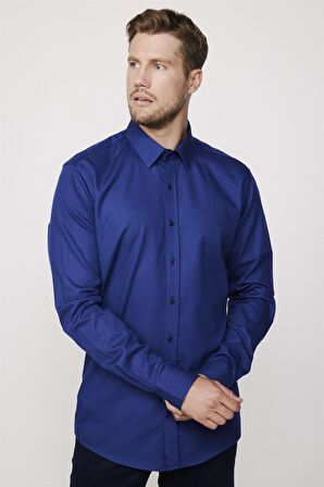 Modern Fit %100 Pamuk Armürlü Premium Lacivert Erkek Gömlek