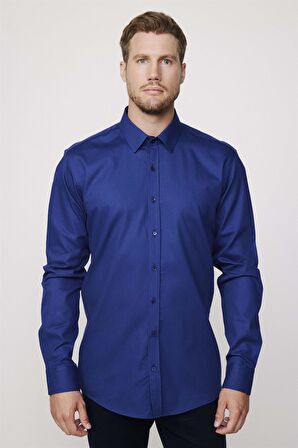 Modern Fit %100 Pamuk Armürlü Premium Lacivert Erkek Gömlek