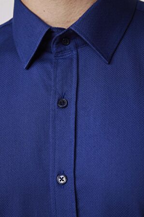 Modern Fit %100 Pamuk Armürlü Premium Lacivert Erkek Gömlek