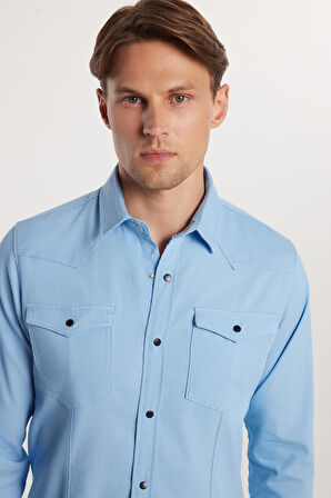 Slim Fit Uzun Kollu Gündelik Denim Kot Erkek Mavi Gömlek