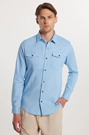Slim Fit Uzun Kollu Gündelik Denim Kot Erkek Mavi Gömlek